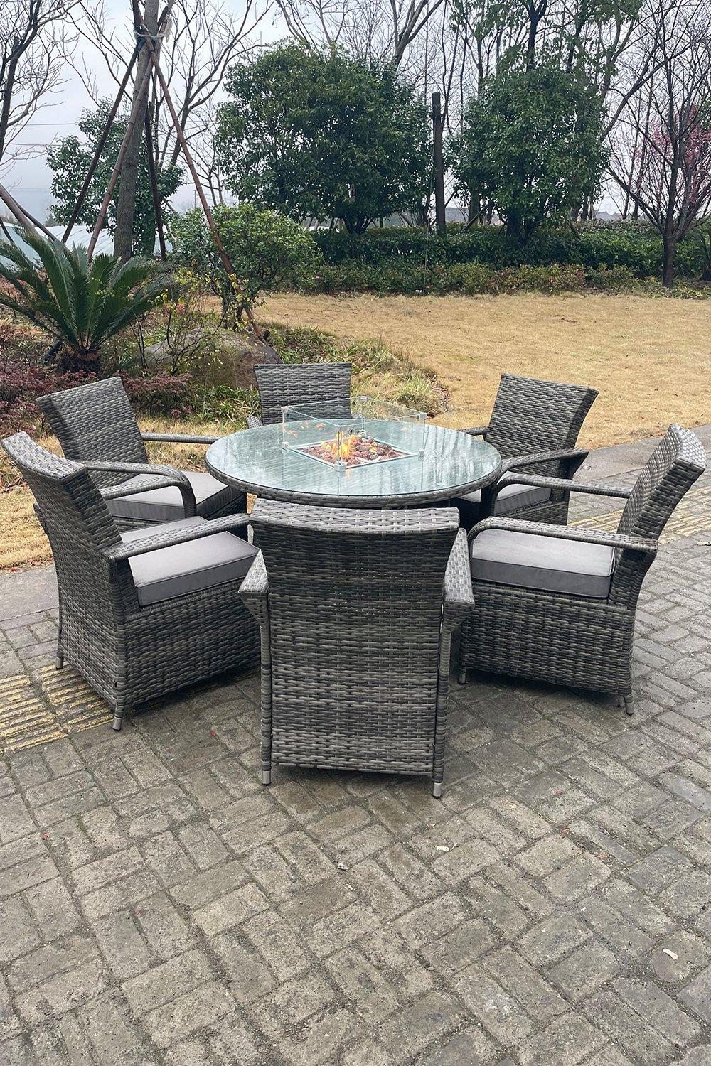 PE Rattan Gas Fire Pit Round Dining Table Gas Heater Dining Table And Chair Set 6 Seater